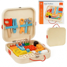 Детский конструктор Строитель, набор инструментов в деревянном ящике, JHTOY-381